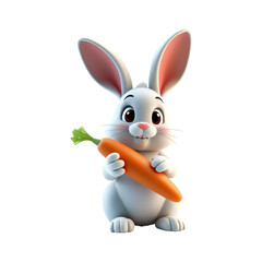 A cute white cartoon rabbit holding a large orange carrot on transparent background