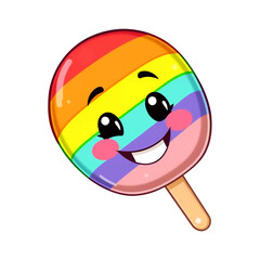 A colorful cartoon lollipop with a smiling face and rainbow stripes on transparent background