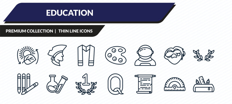 education icons set - photosynthesis, long john silver, sash, rulers, pencil case outline vector collection.