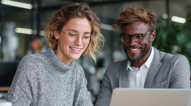 Working together in an office setting, a man and woman look at a laptop screen with smiles on their faces during a collaborative session in a modern workspace - Powered by Adobe