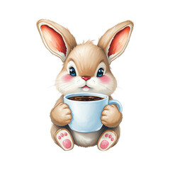 A cute light brown bunny holding a blue coffee mug on transparent background