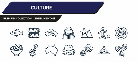 culture icons set - marine fish, egg roll, meat pie, native american wigwam, maracas couple outline vector collection. © IconArt