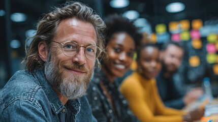 People engaged in a collaborative work session at a modern office with colorful sticky notes during the late afternoon