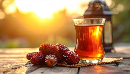 Warm sunset scene with dates and tea in a serene outdoor setting