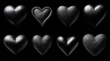Different shapes of black hearts arranged in a grid format on a black background showing various textures and designs