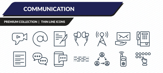 communication icons set - video chat, arroba, writing letter, transmitter, braille outline vector collection. © IconArt