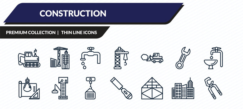 construction icons set - backhoes, constructions, stopcock, , big clippers outline vector collection.