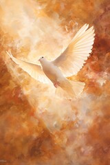 Fototapeta premium White dove flying with wings spread, light shining against an ethereal background, concept of peace, spirit, and biblical stories.