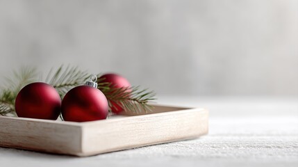 minimal christmas frame with red baubles and fir branches on wooden tray, neutral copy space