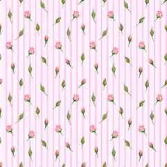 Delicate Pink Rosebud and Striped Floral Seamless Pattern