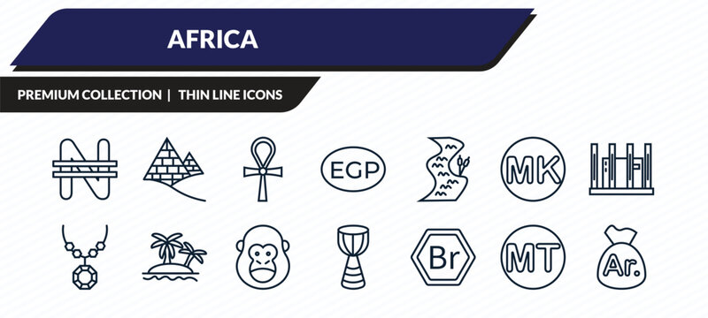 africa icons set - nigerian naira, pyramids, ankh, mozambican metical, malagasy ariary outline vector collection.