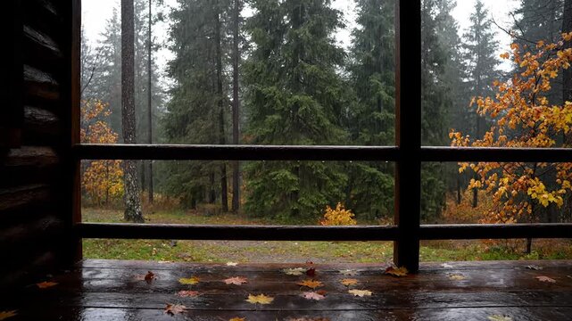 View of a rainy autumn forest seen from a cozy wooden cabin porch. Wet floor boards with fallen colorful maple leaves in orange and yellow hues create a peaceful and melancholic mood in nature.
