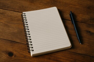 Open spiral notebook and pen on textured wooden desk surface, perfect for journaling or note taking.