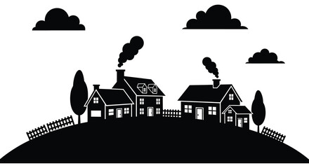 a simplified illustration featuring buildings with chimney smoke and surrounding trees depicted in a striking black and white silhouette high quality © rabbivay