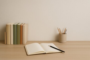 Desk study setup with books, open notebook, and pencils for writing and learning desk study.