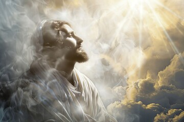 Fototapeta premium A man Jesus in the clouds with light shining down on him. Spiritual illustration of a Christian story from the Bible. Hope and faith.