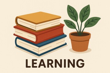 A stack of books and potted plant illustration for learning and knowledge, books, knowledge.