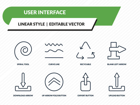 user interface icons set - spiral tool, curve line, recycable, export button, upload button outline vector collection.