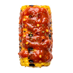 Grilled corn on the cob smothered in spicy salsa and herbs, captured from a front viewpoint