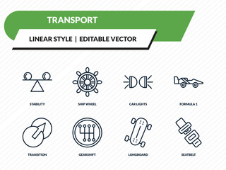 Obraz premium transport icons set - stability, ship wheel, car lights, longboard, seatbelt outline vector collection.
