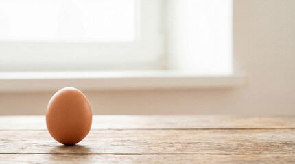 Single egg on rustic table. Brown egg in soft window light, egg still life with copy space for Easter greeting, spring breakfast background, home kitchen calm mood, natural minimal concept