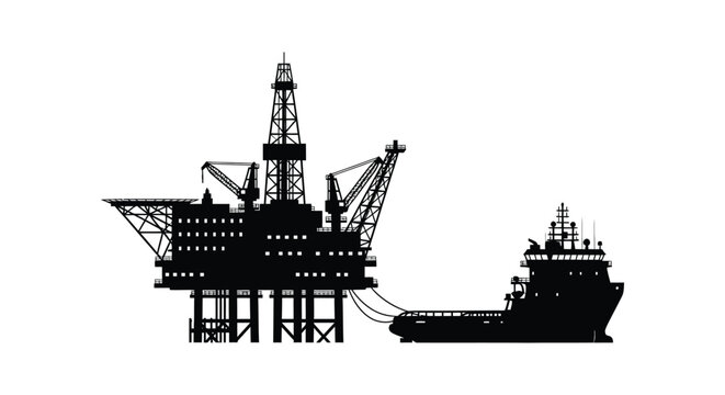 A striking visual representation of an offshore oil rig and support vessel presented in a dark dramatic silhouette high quality professional