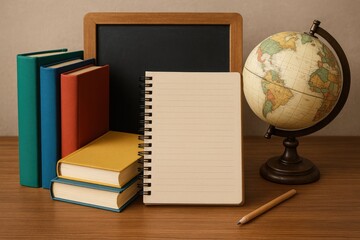 Vintage classroom supplies: globe, books, notepad, and blackboard for learning globe books.