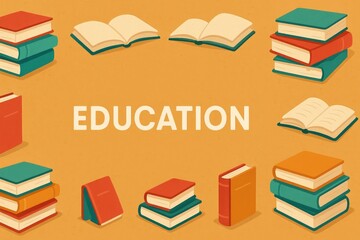 Education concept with stacks of books and open volumes learning resources and knowledge.