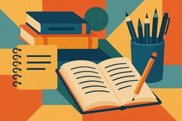 Illustration of books and writing tools for learning and education themes book open book notepad.