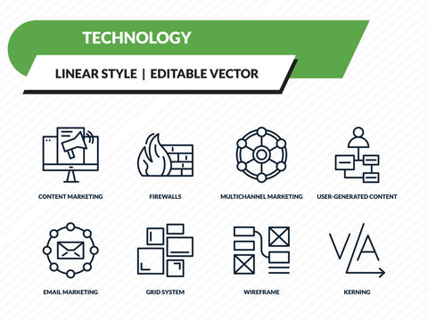 technology icons set - content marketing, firewalls, multichannel marketing, wireframe, kerning outline vector collection.