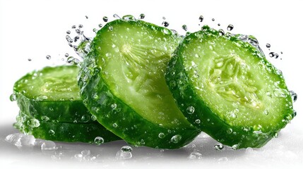 Fresh cucumber slices with water droplets on white background ready for salad preparation or healthy snack