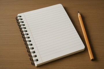 Open ruled notebook with a single wooden pencil on a wooden desk surface, writing supplies.