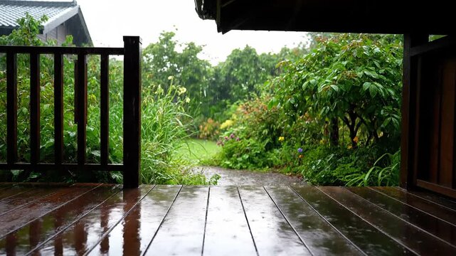 Steady rain falling on a lush green garden viewed from a wet wooden porch. Peaceful atmosphere with raindrops hitting the deck and leaves in a beautiful outdoor backyard setting on a gloomy day.