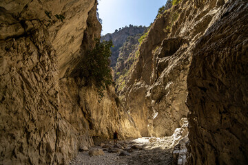 Fototapeta premium Majestic limestone cliffs of Saklikent Canyon with dramatic sunlight and shadows. Deep mountain gorge with a distant silhouette in a narrow passage. September, Fethiye region, Turkey.