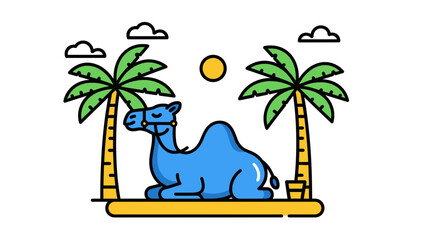 A colorful cartoon camel illustration with palm trees and a sunny desert background