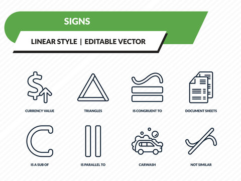 signs icons set - currency value, triangles, is congruent to, carwash, not similar outline vector collection.
