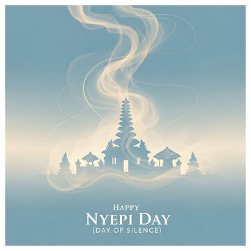 Happy Nyepi Day (Day of Silence) with Balinese Temple silhouette surrounded by ethereal smoke art