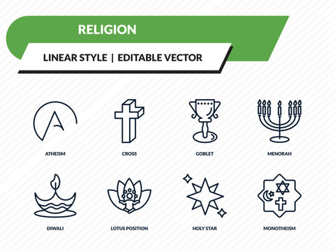 religion icons set - atheism, cross, goblet, holy star, monotheism outline vector collection.