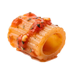 A close-up view of a single pasta tube smothered in tomato sauce and herbs on a plain white background