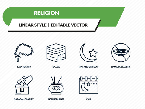 religion icons set - raya rosary, kaaba, star and crescent moon, vigil, ramadan month outline vector collection.