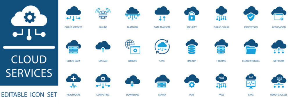 Cloud services icon set featuring .SaaS, PaaS, IaaS, cloud storage, security, network, and hosting symbols for web and app development.