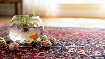 Easter eggs beside fishbowl on rug. Painted eggs with goldfish and green plant, eggs display with copy space for Easter greeting, spring home decor concept, cozy interior background