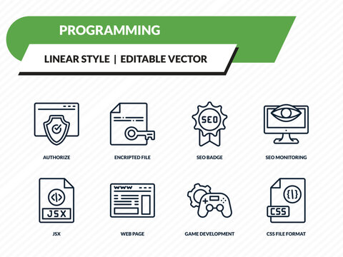 programming icons set - authorize, encripted file, seo badge, game development, css file format outline vector collection.