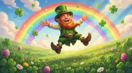 Leprechaun in green attire joyfully dances along a riverbank, scattering gold coins while a vibrant rainbow arcs overhead in a lush, green landscape, Saint Patrick's Day