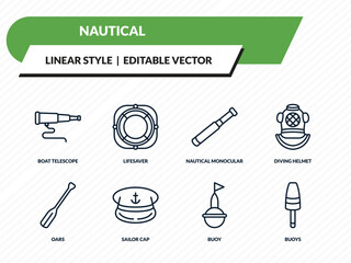 nautical icons set - boat telescope, lifesaver, nautical monocular, buoy, buoys outline vector collection. © IconArt