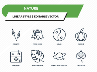 nature icons set - subulate, stump house, asian, planet with satellite, linden leaf outline vector collection. © IconArt