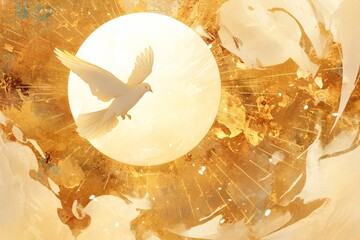 Watercolor illustration of a dove flying in front of a radiant sun, symbolizing the Holy Spirit and peace. Biblical narrative for religious design.