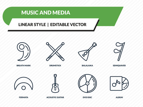 music and media icons set - breath mark, drumstick, balalaika, dvd disc, album outline vector collection.