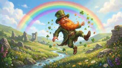 Leprechaun in green attire joyfully dances along a riverbank, scattering gold coins while a vibrant rainbow arcs overhead in a lush, green landscape, Saint Patrick's Day