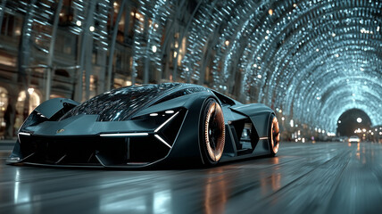 A conceptual supercar of the future against a glowing neon arch at night. Futuristic design with golden illuminated wheels and aerodynamic cyberpunk shapes.